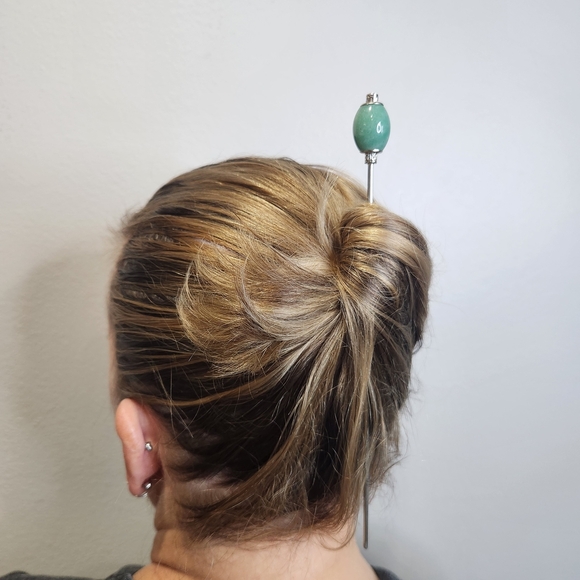 Jumbo Green Agate Natural Gemstone Crown Oval Stainless Steel Hair Stick - Picture 5 of 6